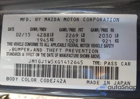 2016 Mazda Mazda6 I Grand Touring z USA, uszkodzony, nr VIN JM1GJ1W5XG1412645